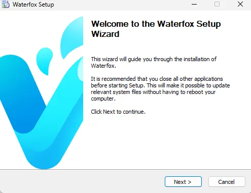 процесс установки waterfox