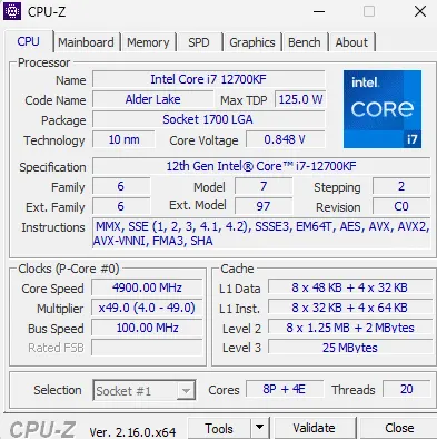 Интерфейс CPU‑Z, вкладка CPU