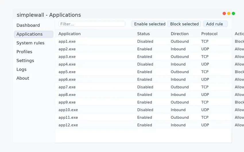 Интерфейс simplewall - вкладка Applications